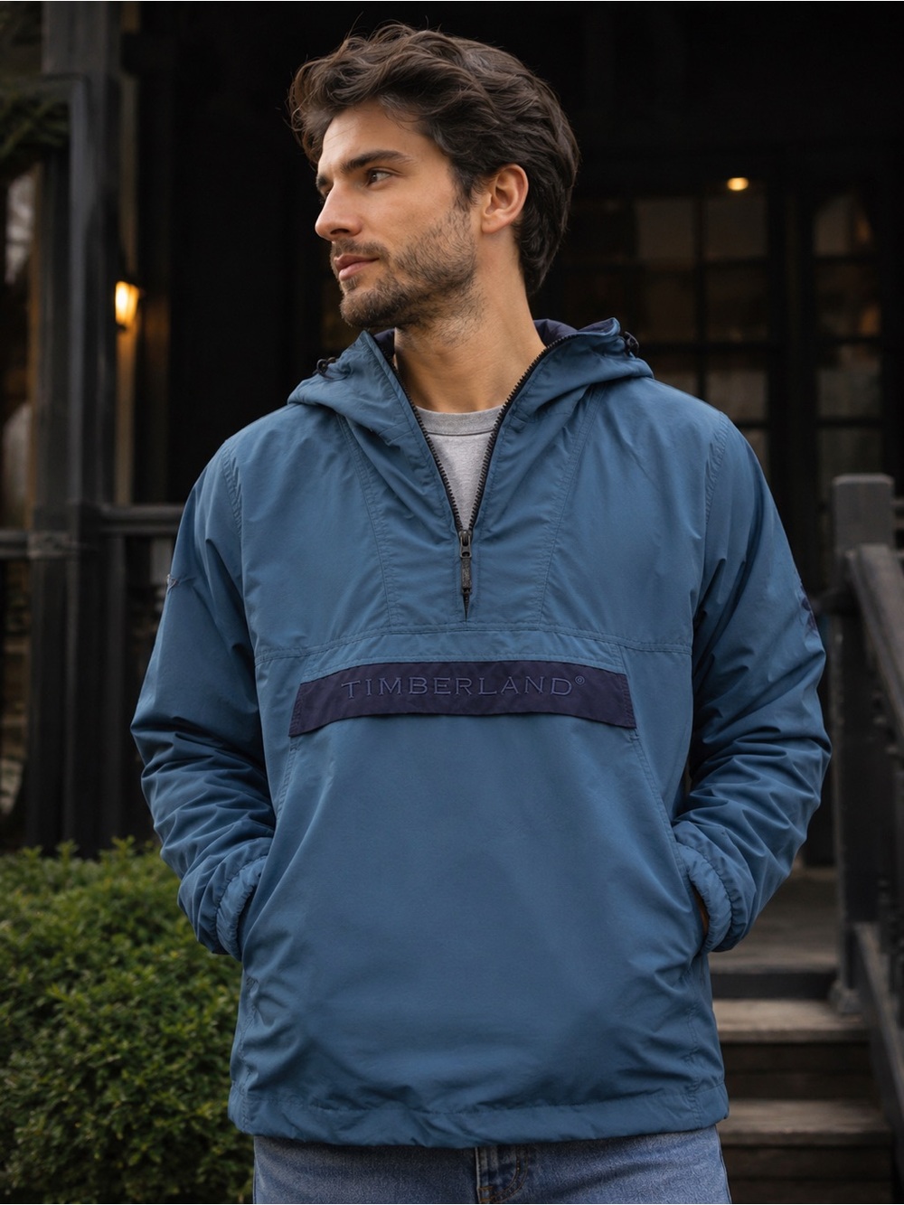 Timberland Men's Slate Blue Hooded Pullover Windbreaker